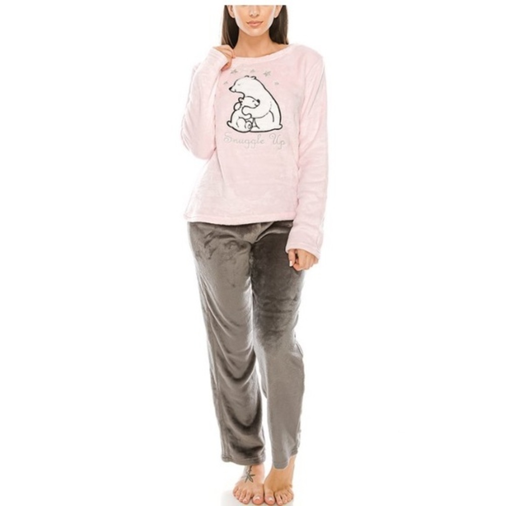 NEW Youmita Pink & Grey Polar Bear Flannel Pajama Set Woman’s Size Large